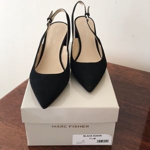 Marc Fisher black suede sling back heels.